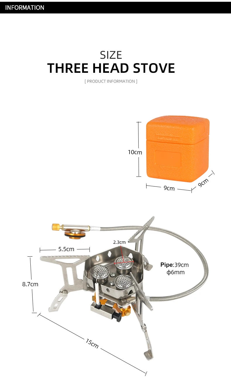 Portable 3-Head Camping Stove – Foldable Windproof Gas Burner