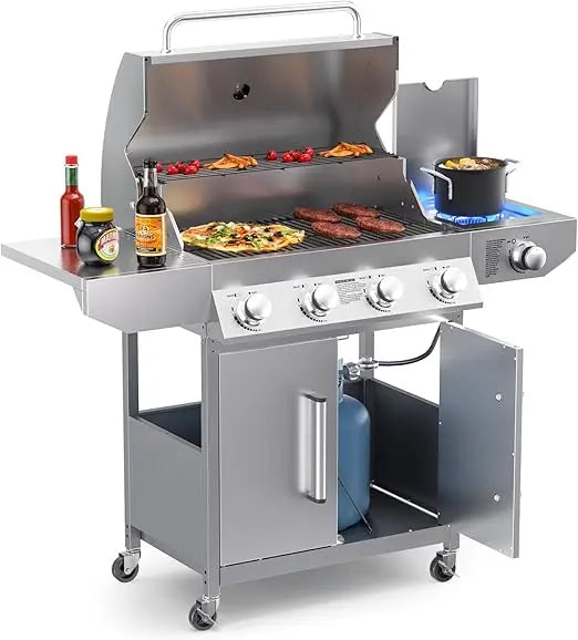 4-Burner Propane Gas BBQ Grill with Side Burner & Cast Iron Grates