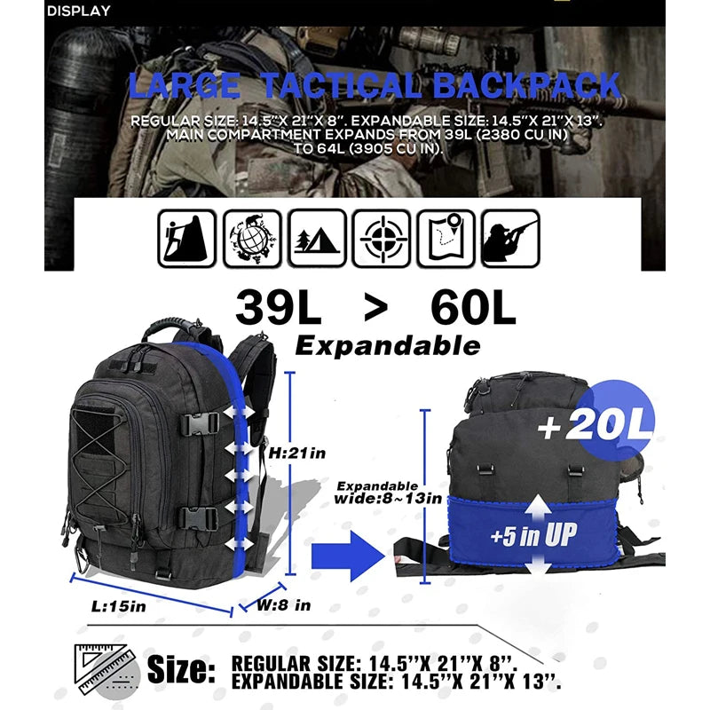65L Tactical Waterproof Backpack for Camping & Hiking
