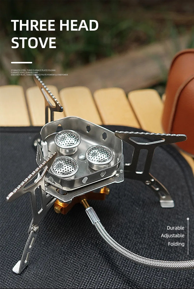 Portable 3-Head Camping Stove – Foldable Windproof Gas Burner