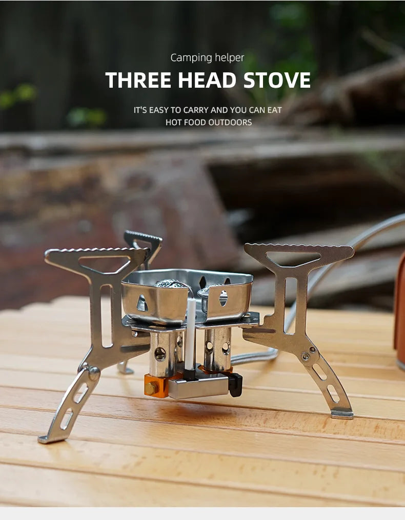 Portable 3-Head Camping Stove – Foldable Windproof Gas Burner