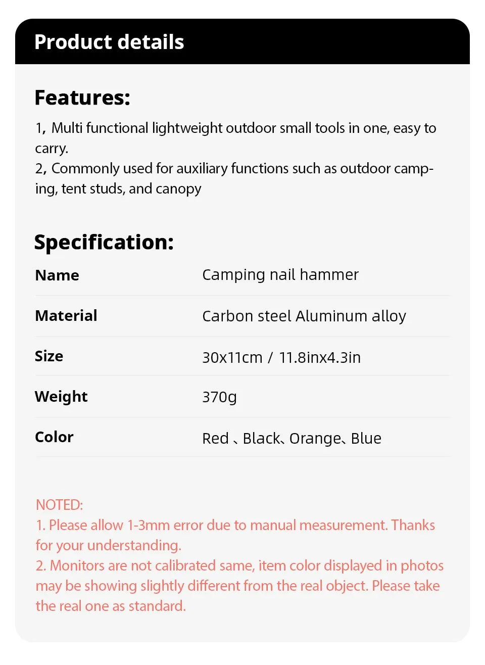 Multifunctional Camping Survival Hammer Tool