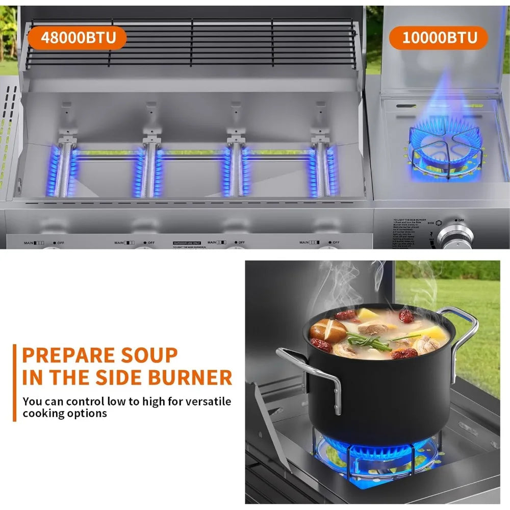4-Burner Propane Gas BBQ Grill with Side Burner & Cast Iron Grates