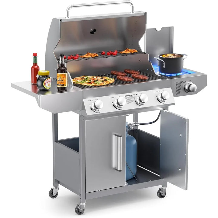 4-Burner Propane Gas BBQ Grill with Side Burner & Cast Iron Grates