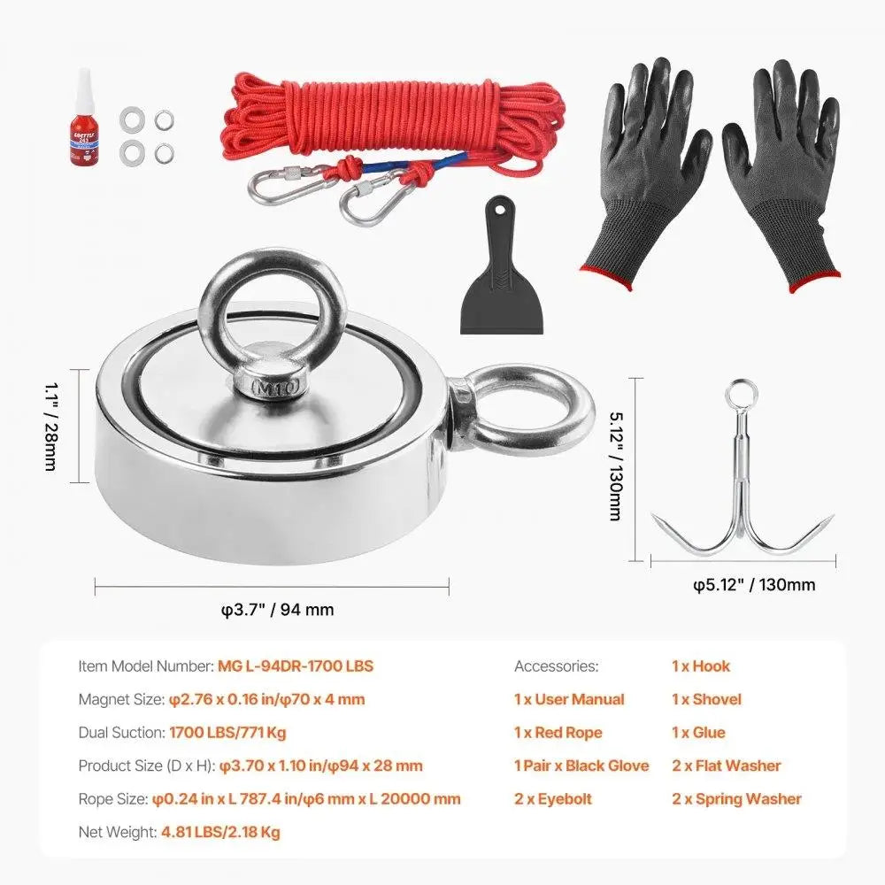 1700lbs Heavy Duty Double-Sided Fishing Magnet Kit with Rope & Carabiner