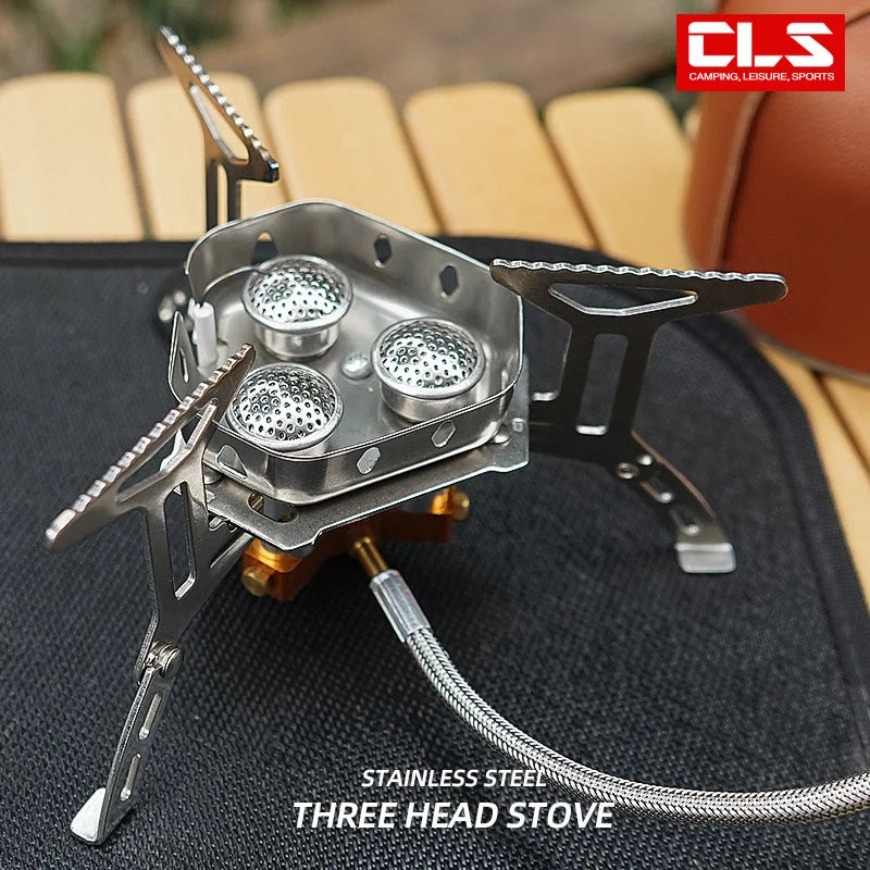 Portable 3-Head Camping Stove – Foldable Windproof Gas Burner